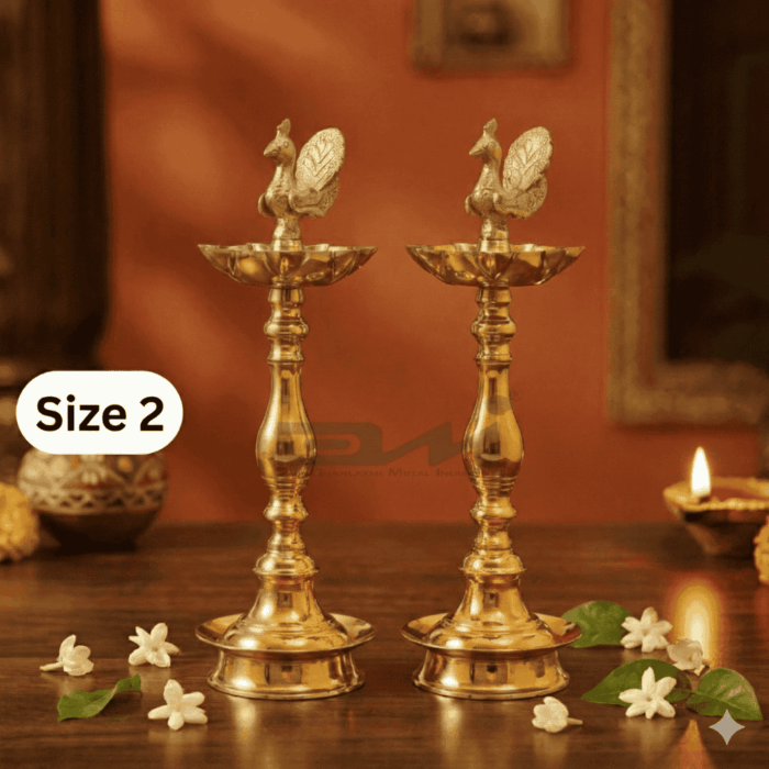 7 Faced Ethnic Brass Samai - Mayur Design at Centre Plain Pattern (16 Inches) - Pair Size No.2