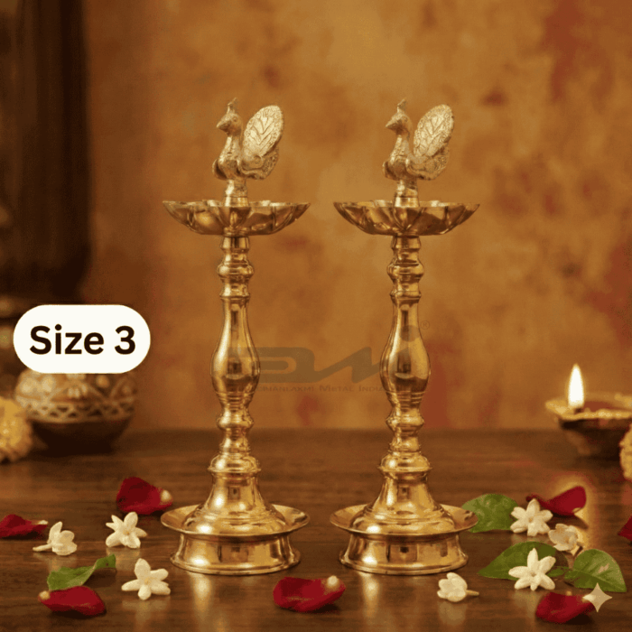 7 Faced Ethnic Brass Samai - Mayur Design at Centre, Plain Pattern (14 Inches) - Pair Size No.3