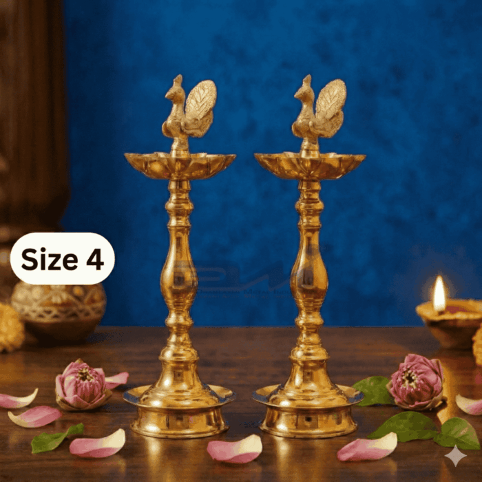 7 Faced Ethnic Brass Samai – Mayur Design at Centre (12 Inches) – Pair Size No.4