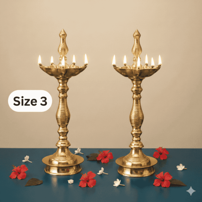 Size No. 3 - 7 Faced Ethnic Brass Samai – Kalas Design at Centre & Lined Stand (14 Inches) – Pair