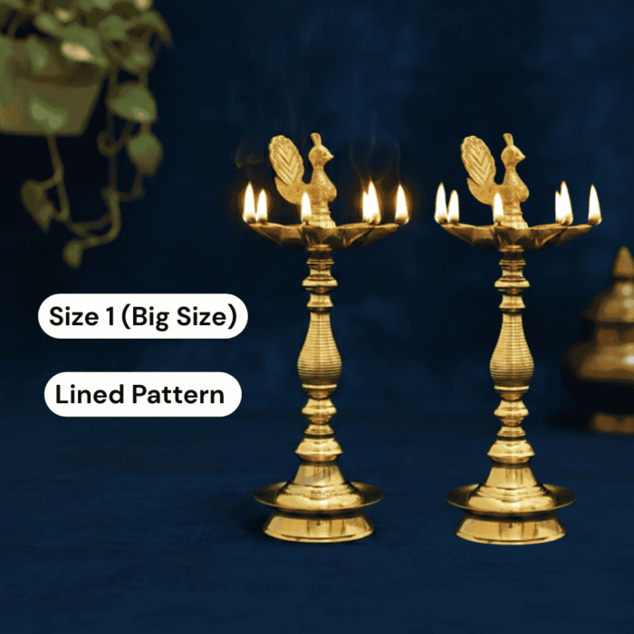 7 7 Faced Brass Samai - Mayur Design (18 Inches) Lined Pattern - Pair (Size No.1) Big Size