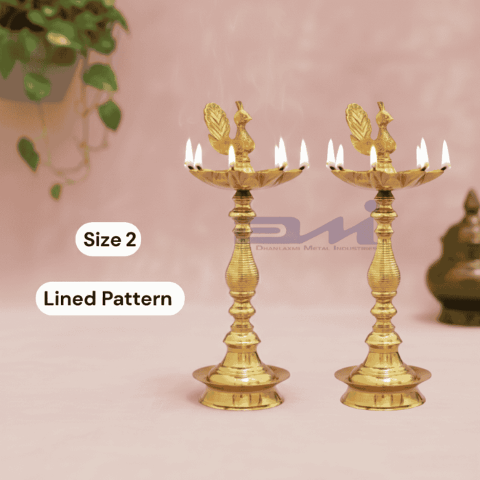 7 Faced Brass Mayur Design Samai / Peacock Design Samai (16 Inches, Lined Pattern) - Size No.2