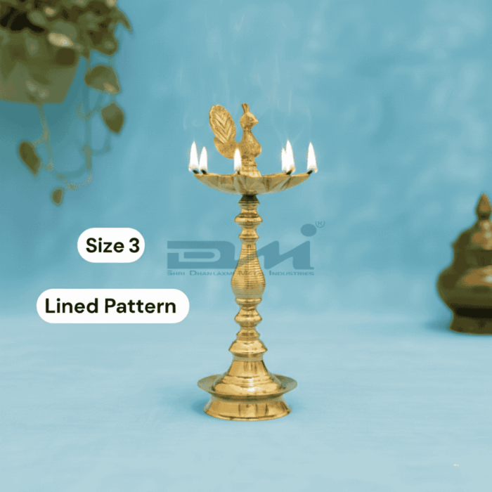 7 Faced Brass Mayur Design Samai / Peacock Design Samai (10 Inches, Lined Pattern) - Size No.3