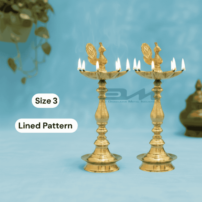 7 Faced Brass Samai - Mayur Design (10 Inches) Lined Pattern - Pair (Size No.3)