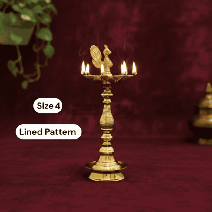 7 Faced Brass Mayur Design Samai / Peacock Design Samai (12 Inches, Lined Pattern) - Size No.4