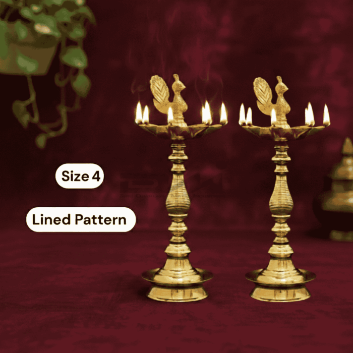 DMI's 7 Faced Brass Samai - Mayur Design at Centre, Lined Pattern (12 Inches) Size No.4 - Pair