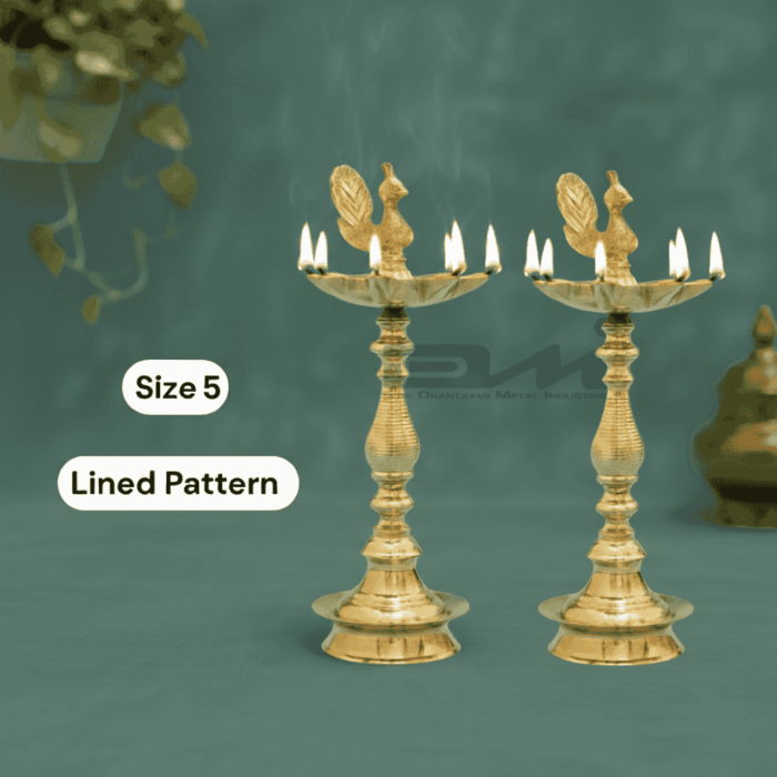 7 Faced Ethnic Brass Samai - Mayur Design (10 Inches) Lined Pattern - Size No.5 Pair