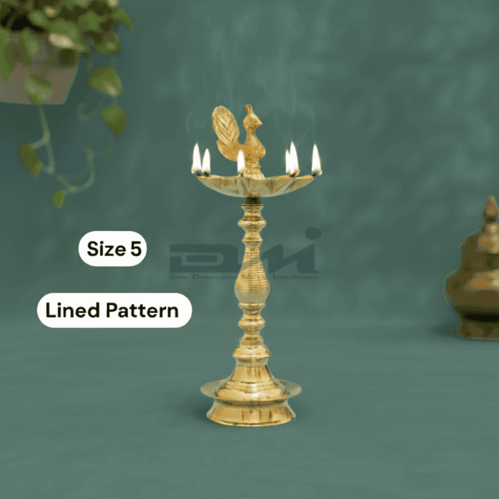 7 Faced Brass Mayur Design Samai / Peacock Design Samai (10 Inches, Lined Pattern) - Size No.5 Big Size