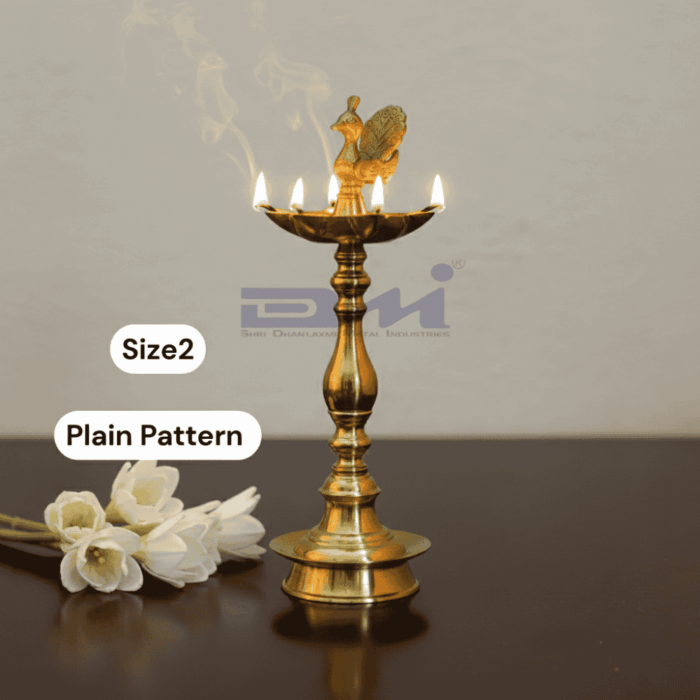 7 Faced Brass Mayur Design Samai / Peacock Design Samai (16 Inches, Plain Pattern) - Size No.2