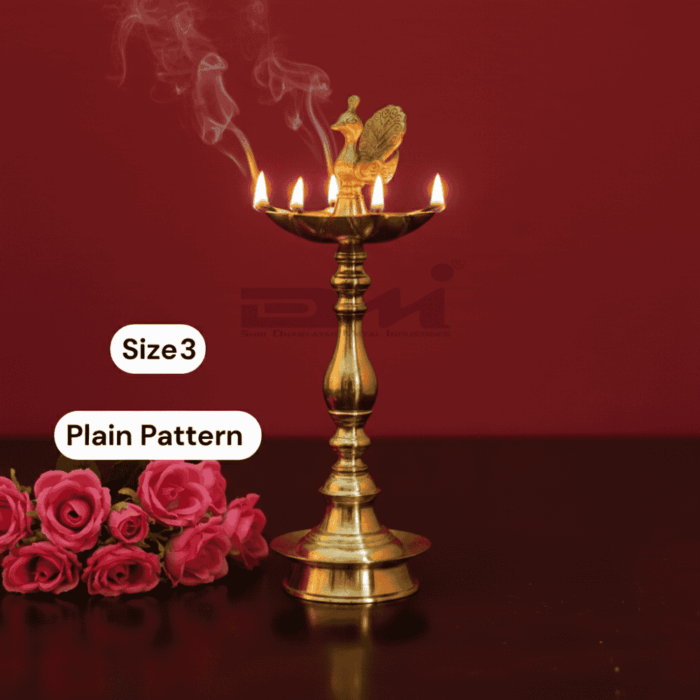 7 Faced Brass Mayur Design Samai / Peacock Design Samai (14 Inches, Plain Pattern) - Size No.3