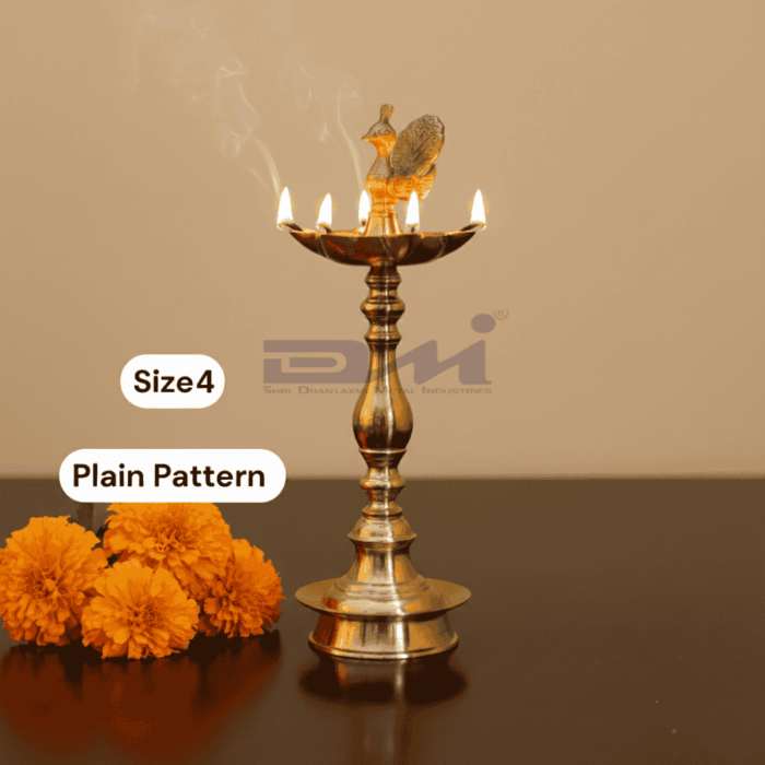 7 Faced Brass Mayur Design Samai / Peacock Design Samai (12 Inches, Plain Pattern) - Size No.4