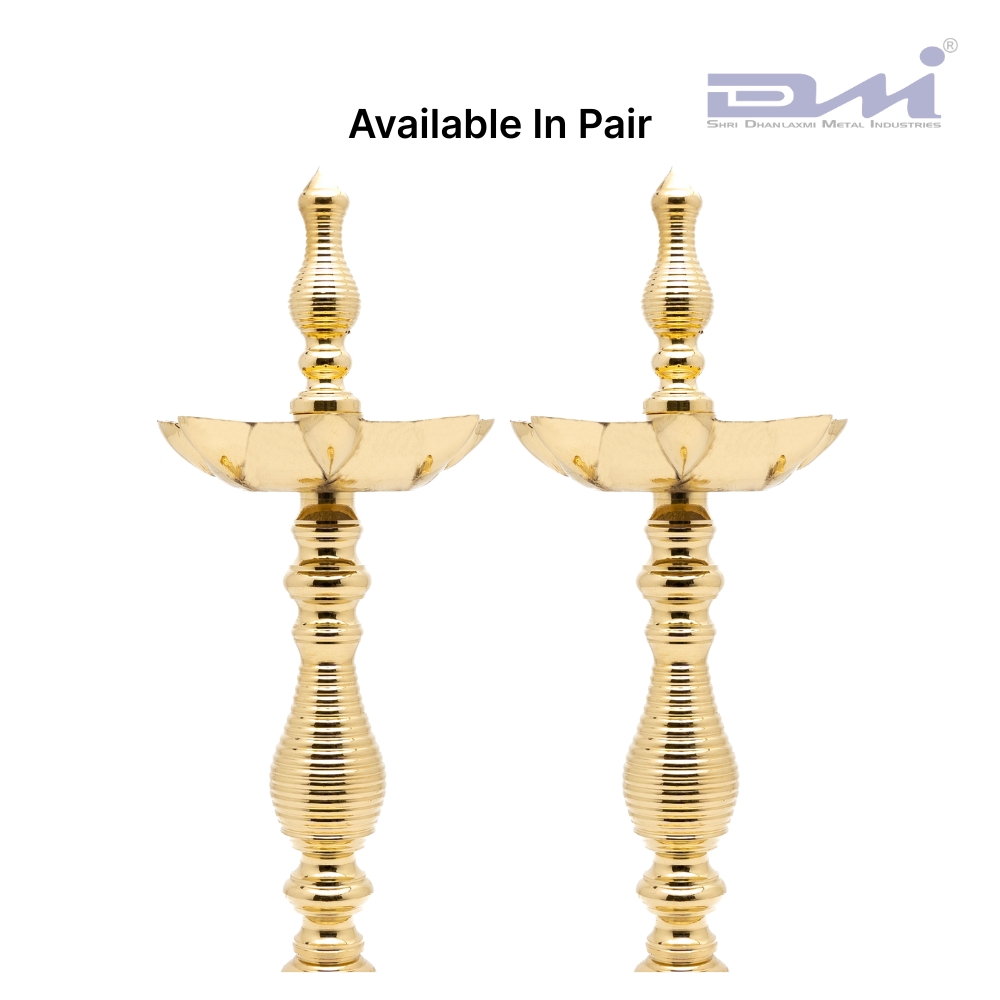 7 Faced Antique Brass Samai Kalas Design at Centre and Lined Pattern Stand 2 7 Faced Brass Samai Kalas Center Design Pair