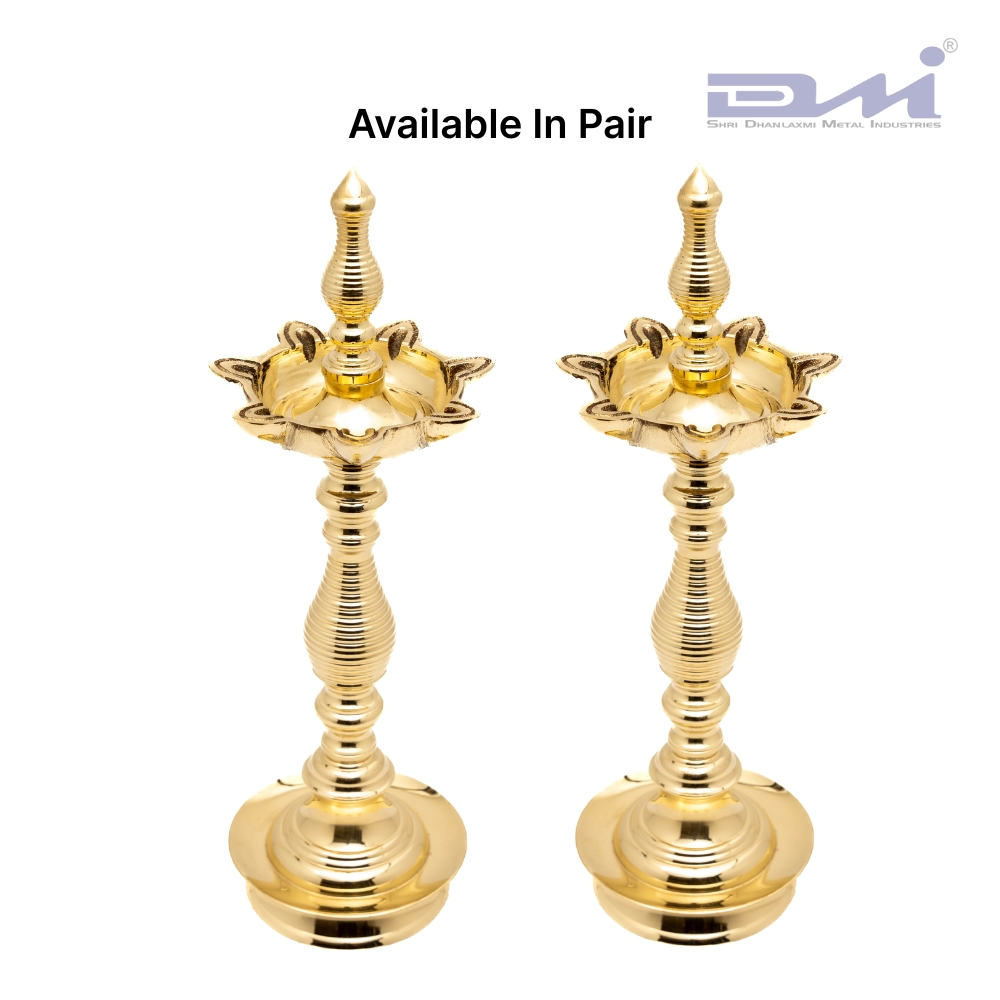 7 Faced Antique Brass Samai Kalas Design at Centre and Lined Pattern Stand 3 7 Faced Brass Samai Kalas Center Design Pair