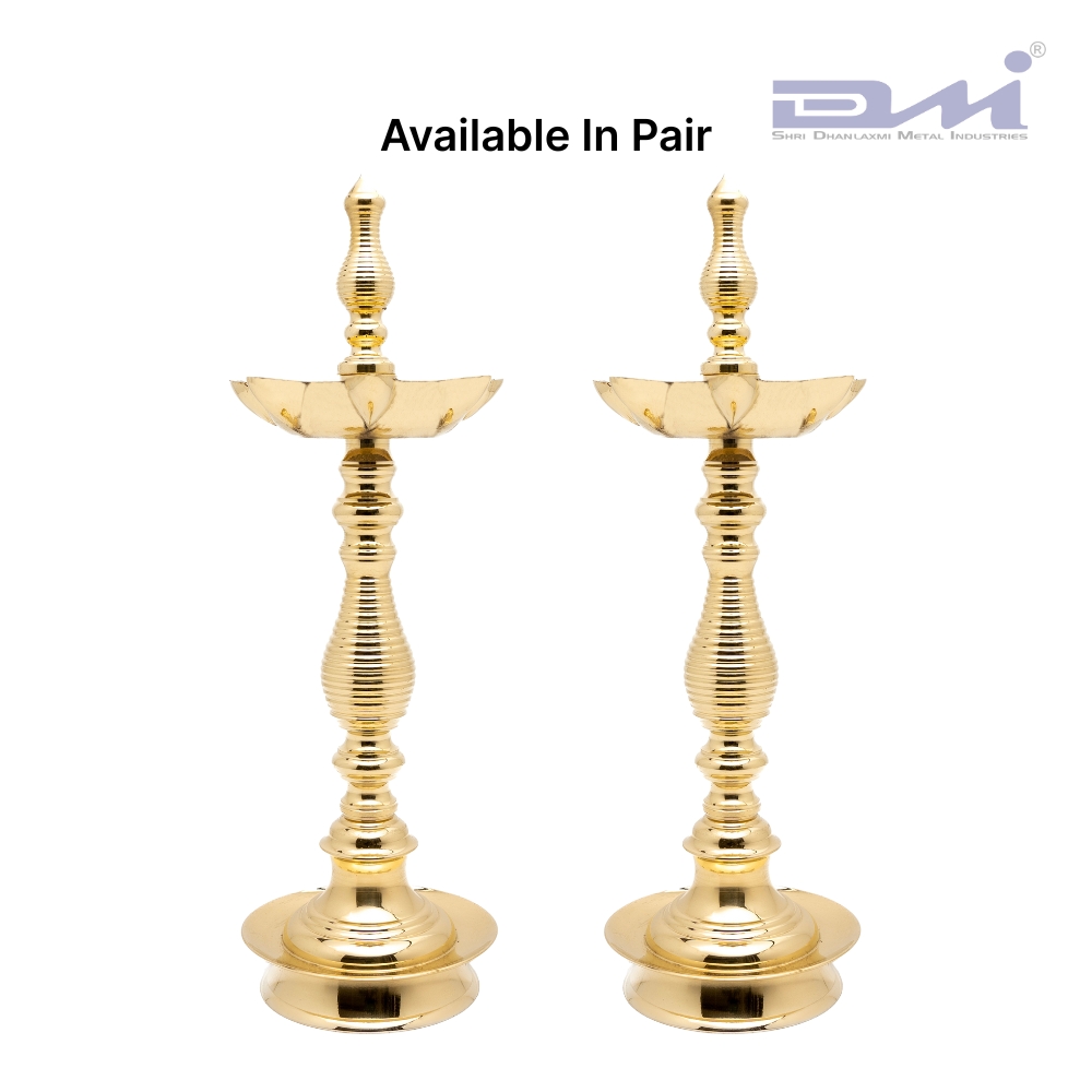 7 Faced Antique Brass Samai Kalas Design at Centre and Lined Pattern Stand 7 Faced Brass Samai Kalas Center Design Pair